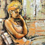 The Pain Of Someone - Figurative Painting of a pensive woman looking down with hand on face in textured oil palette knife technique.