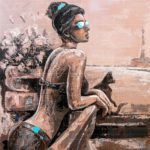 Textured acrylic painting titled "The Painting Of An Italian Friend" featuring a woman in sunglasses sitting on a balcony with a cat overlooking a coastal horizon.