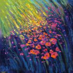 Vibrant floral art painting titled The Painting of Dancing Flowers featuring bright pink and orange petals swaying under golden light.