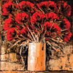 Original textured floral artwork featuring vibrant red flowers in a light-colored vase against an earthy brown background.