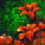 Vibrant orange petunia flowers original floral acrylic painting against a textured deep green grid background.