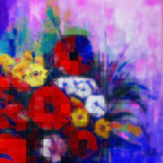 Original acrylic texture painting featuring vibrant red, yellow, and white poppies on a textured purple background titled The Red Beautiful Flowers - Nature Painting.