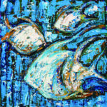 Abstract blue ocean painting titled The Sea Painting featuring textured marine life and fish forms.