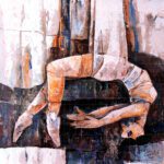 Modern abstract palette knife oil painting titled The Self Commune - Art of Meditation, depicting a graceful figure in an inverted yogic backbend pose with warm ochre tones and neutral textured backgrounds.