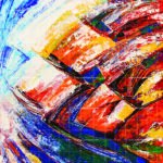 Abstract sea art painting titled The Soothing Fishes featuring dynamic palette knife textures in vibrant shades of ocean blue, red, orange, and yellow.