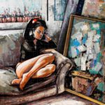 The Sound Of Silence - Figurative painting of a contemplative dark-haired woman sitting on an armchair next to abstract art canvas.