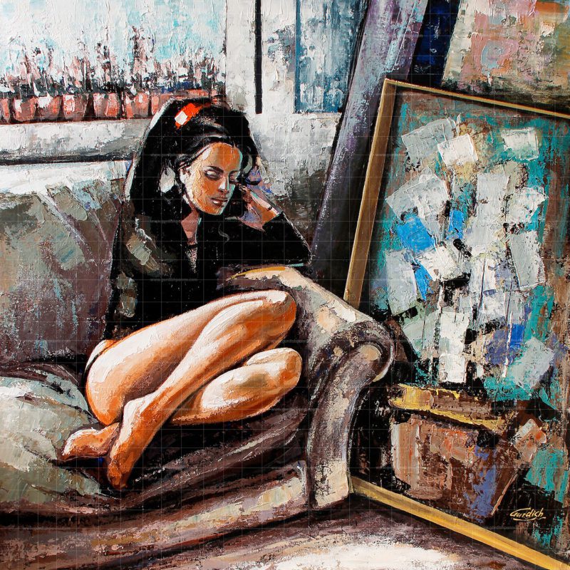 The Sound Of Silence-Figurative Painting is Top Original Handmade figurative painting made from natural pigment colors mixed with acrylic colors. This world famous figurative painting depicts the love and romance of a beautiful girl who is sitting on a sofa and is gazing about her lover who has gifted her a beautiful painting made from Oil color. This Soothing textured artwork is for sale at affordable price and it is widely popular painting which is displayed to enhance the interiors of homes and offices