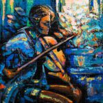 Original oil painting The Tune of Love - Fortune featuring a woman playing the violin with expressive impasto palette knife textures in vibrant blue, turquoise, and warm orange tones.