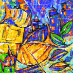 Colorful abstract expressionist painting titled The Underwater City featuring vibrant yellow fish, aquatic leaves, and submerged city buildings with blue and orange tones.