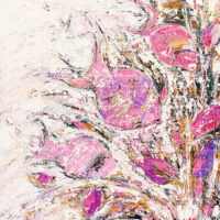 Textured palette knife sea painting titled The Pink World featuring vibrant pink underwater fish and ocean flora.