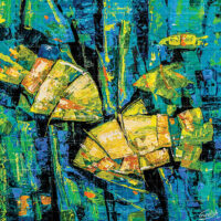 Abstract fish painting titled The Underwater Love featuring vibrant yellow and green stylized fish swimming in deep blue textured water.