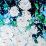 Texturally rich white floral acrylic impasto painting on a vivid blue and green abstract background for modern wall art decoration.