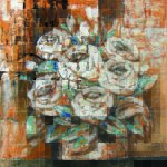 Original textured acrylic floral canvas painting titled "The White Roses - Spiritual Painting" featuring white impasto rose blooms against a warm brick-style background.