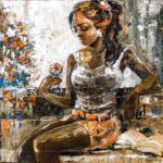 Impressionist acrylic painting titled The Flower of Love - Artistic Thought featuring a seated woman holding a small flower next to an open book.