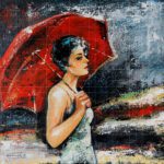 Handicraft painting titled The Girl with Red Umbrella featuring a woman holding a red umbrella against a textured abstract background.