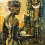 Modern romantic acrylic painting titled The Moon and Her Lover depicting a woman reading an open book under a glowing crescent moon and cityscape.