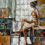 Textured palette knife painting of a pensive female muse sitting in a room near a bookshelf titled The Mystique Muse.