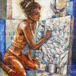Original fine art painting titled "The Painting of the Day - Hostel Paintings" depicting a female artist kneeling and painting on canvas with textured blue and terracotta brushstrokes.