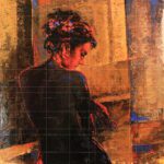 The Shades of Last Evening original figurative painting featuring a woman silhouette bathed in warm sunset hues and dark shadows.