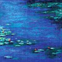 Walking On Water - Christian Painting featuring serene deep blue pond water, impressionistic lily pads, and vibrant red accents.
