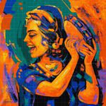 Vibrant expressionist painting titled Traditional Beauty of Punjab featuring a joyful Punjabi woman playing a tambourine in rich blue, teal, and warm orange colors.