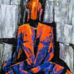 Abstract Buddha painting titled Gautama Buddha - The Spiritual Meditation featuring vibrant orange and deep blue hues in a seated meditative pose.