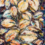 Textured abstract original painting titled Planet of Love featuring vibrant yellow, orange, turquoise, and deep blue leaf-like organic patterns.