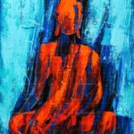 Siddhartha Gautama - The Divine Light: Original abstract Buddha painting in vibrant orange and blue palette knife textures.