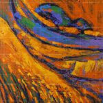 Vibrant abstract painting titled "The Beautiful Fortune Trees" featuring heavily textured impasto brushstrokes in warm orange, golden yellow, purple, and blue tones.
