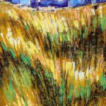Vibrant abstract landscape acrylic painting titled 'The Beautiful Countryside' featuring textured golden wheat fields and a vivid blue sky.