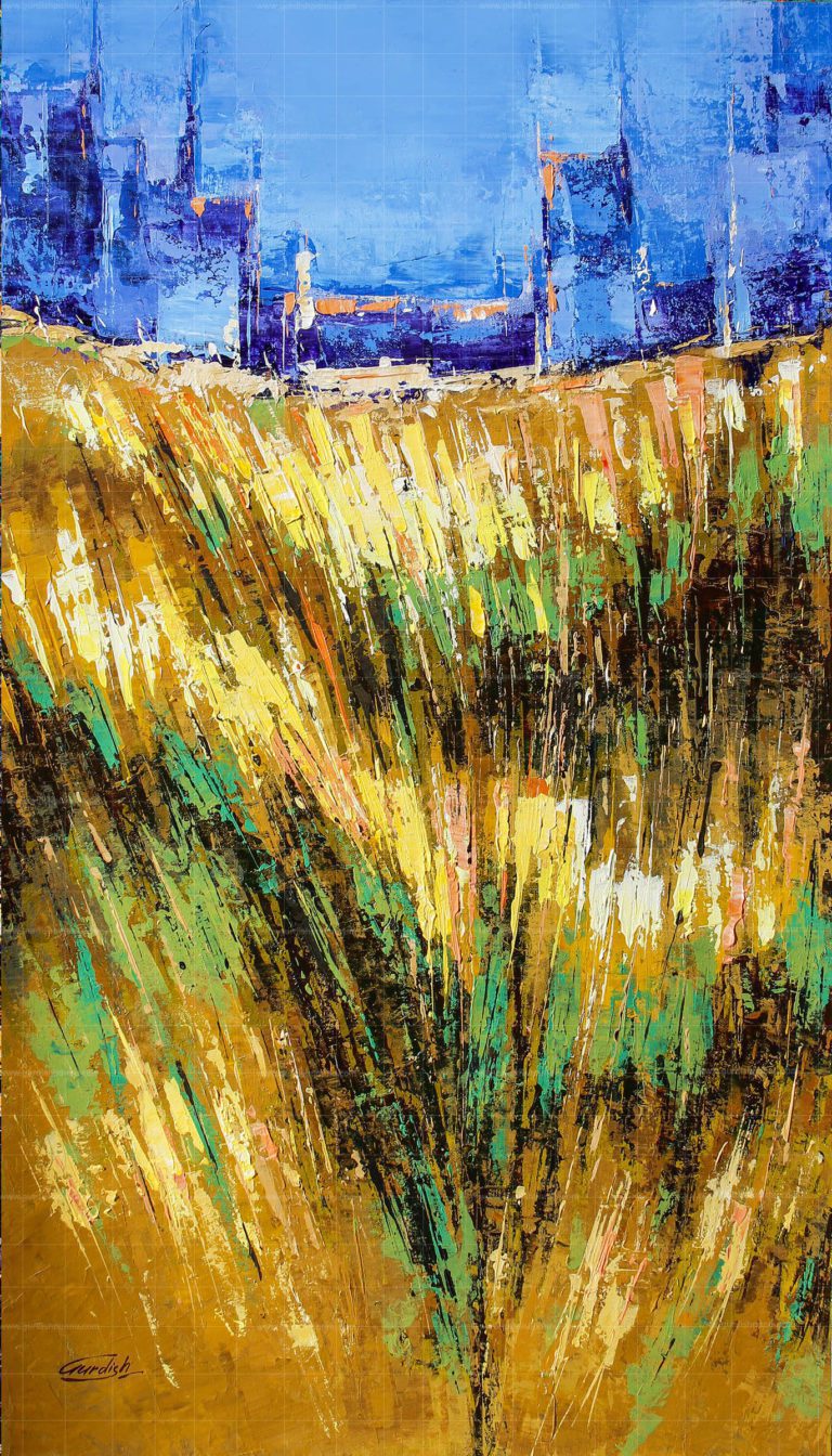 Vibrant abstract landscape acrylic painting titled 'The Beautiful Countryside' featuring textured golden wheat fields and a vivid blue sky.