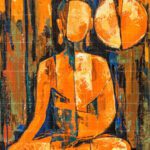 Abstract vibrant orange and gold modern Buddha painting representing fortune, mindfulness, and spiritual energy for original art collectors.