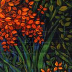 The Song of Nature abstract painting featuring vibrant orange and green foliage on a dark background.