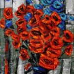 Vibrant floral palette knife acrylic painting featuring vibrant red poppies and turquoise blue flowers in a cobalt ceramic vase against a textured rustic background.
