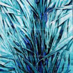 The Soothing Leaves – Abstract turquoise and blue botanical acrylic painting with textured leaves.