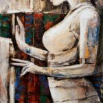 Textured romantic figurative painting titled Just An Essence featuring a side profile of a woman with vibrant colorful palette knife background.