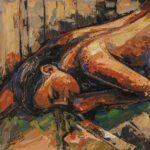 Impressionist oil painting titled "Let's Sleep Tonight - Calm and Peace" featuring a reclining figure resting peacefully, created with textured palette knife brushstrokes in warm earth tones and rich dark hues.