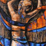 The Sense of Rhythm - Inspirational abstract acrylic painting of a dancing figure reaching upward with vibrant blue and orange flowing fabric.