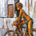 The Dawn - Rising with the Sun: Abstract palette knife painting of a woman riding a bicycle bathed in golden morning light against a textured gray background.