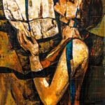 Abstract figurative painting titled The Half Inclination featuring textured warm tones, earthy hues, and interconnected human figures in an expressive embrace.