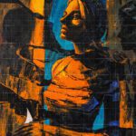 The Moon of Her Love romantic painting featuring a woman in warm orange light against vibrant blue hues holding a crescent moon.
