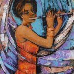 Expressionist healing art painting titled 'The Flute and Her Lover' featuring a woman in a warm orange dress gracefully playing a flute amidst dynamic, swirling blue and purple textures.