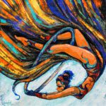 Motivational original painting Flying with Desires featuring a graceful aerial hoop dancer in vibrant orange, gold, and turquoise shades.