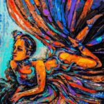 Expressionist healing art painting titled Over The Tangled Desires featuring a reclining woman amidst vibrant orange, blue, and purple impasto palette knife textures.