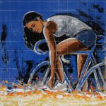 The Beautiful Girl on Cycle - original figurative art painting featuring a woman leaning on a bicycle against a vivid blue background