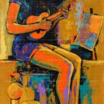 The Beautiful Morning Meditation - Healing art painting of a seated woman playing a small stringed instrument beside an easel with vibrant warm and cool hues.