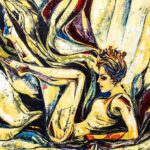 The Beautiful ORIGAMI- Female Desires painting featuring a reclining woman amidst folded yellow expressionist textures