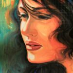 Original portrait painting titled "The Face of Glory - Soothing Desire" featuring a woman with dark wavy hair and warm lighting against a teal background.