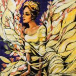 The Girl with Golden Wings original canvas acrylic painting featuring an angelic woman in a yellow dress with golden leaf wings.