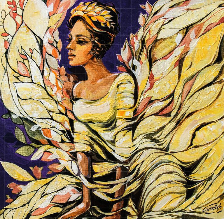 The Golden wings (Mama told me ) is original handmade painting made from acrylic colors. World famous feminist artwork for sale. Buy online artwork of girl with golden paintings